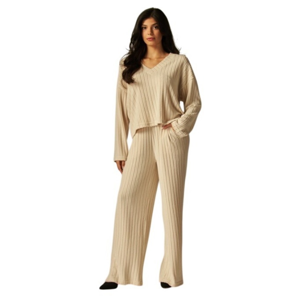 Ribbed Knit Lounge Set V-Neck Top Wide Leg Pants Casual Comfy Women's - Picture 2 of 4